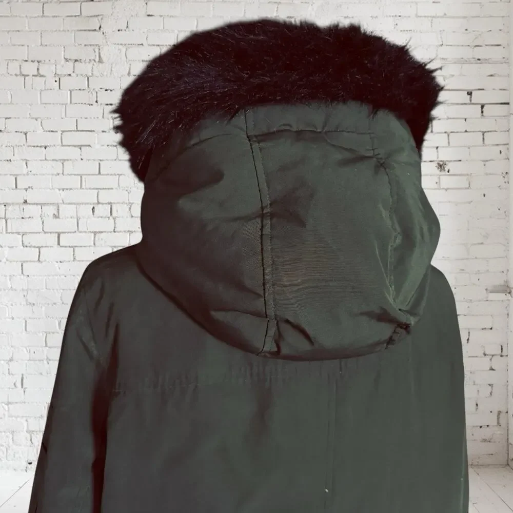 Bass Parka Puffer Jacket Sz XL Womens Olive Down‎ Quilted Black Faux Fur Hood